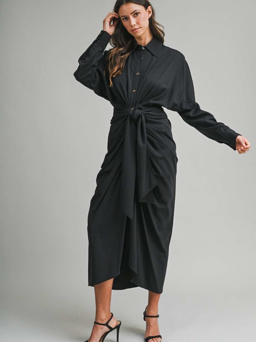 NWT MABLE Black Midi Shirt Dress Ruched Tie Waist Long Roll Tab Sleeves Small